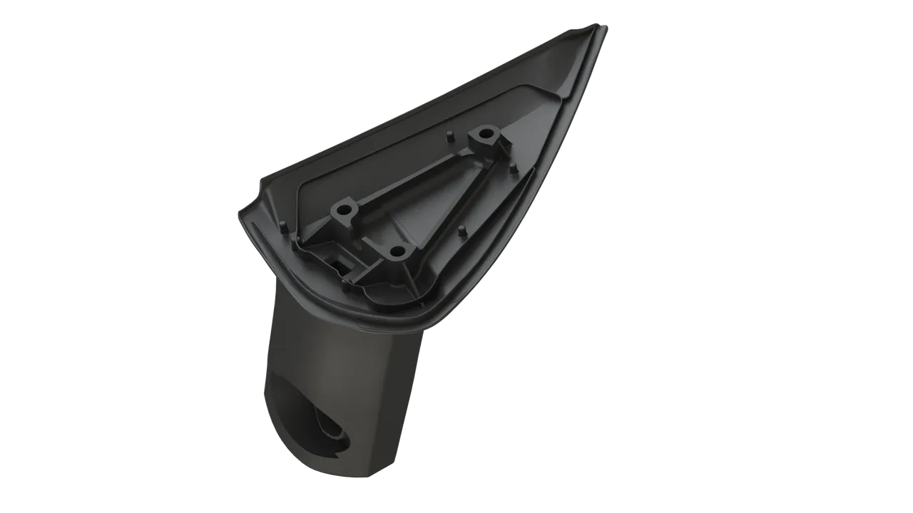 CAD rendering of a black mirror extension housing from behind, showing its internal ribs and mounting bosses.