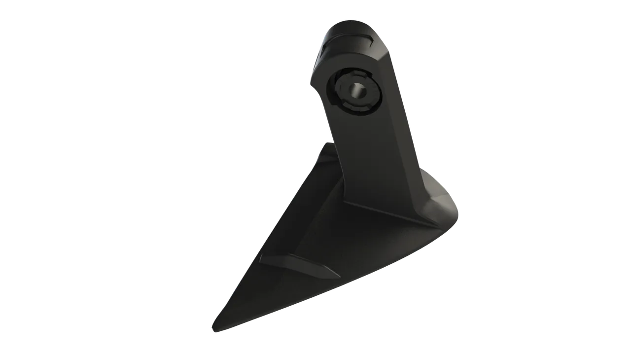 CAD rendering of the mirror extension from the front, showing the pivot boss on its extended arm.