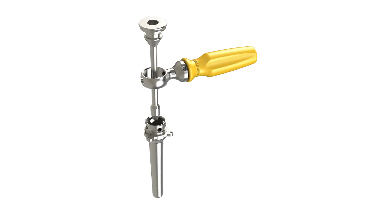 Rendering of the stainless steel handle assembly with a yellow grip, a ring clamp, a tapered cannula sleeve and a guide bolt shown exploded along one axis.