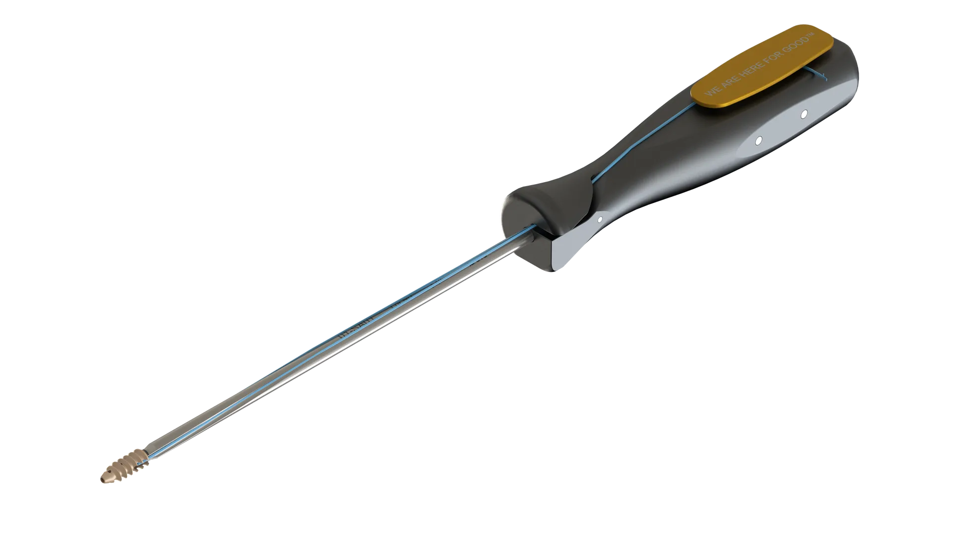 Rendering of a suture anchor inserter: a dark ergonomic handle with a gold label plate, a long steel shaft with blue suture running along it, and a threaded anchor at the tip.