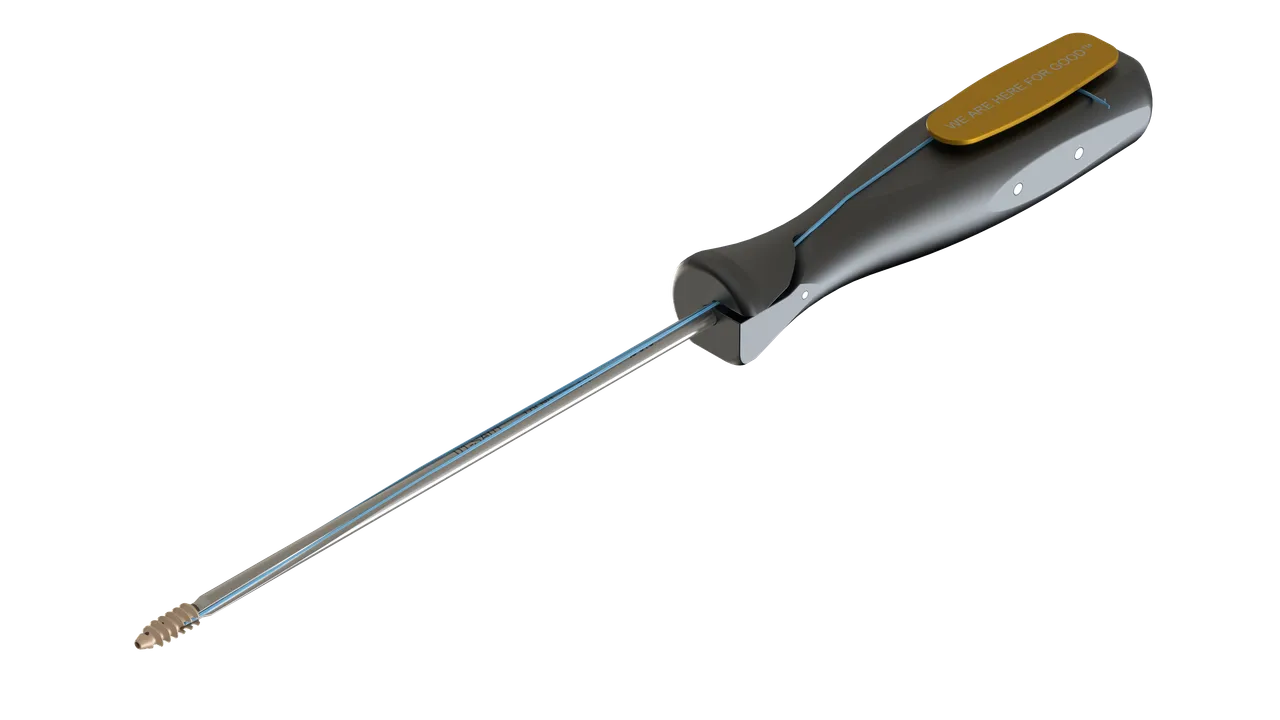 Rendering of a suture anchor inserter: a dark ergonomic handle with a gold label plate, a long steel shaft with blue suture running along it, and a threaded anchor at the tip.